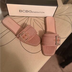 BCBGeneration Pink Slide Sandals with Gold Buckle